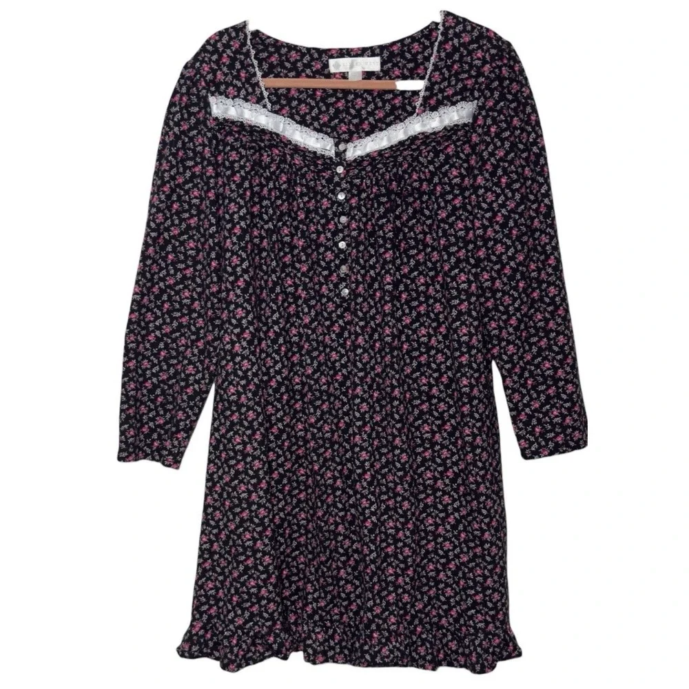 Eileen West Nightgown Womens Large Black Floral Long Sleeve Button‎ Lace Flannel